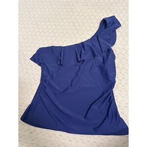 Navy Blue One Shoulder Ruffle Tankini Top Side Ruched Swimwear Women XL PO019505